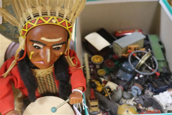 Toy cars, globe and mechanical North American toy drummer